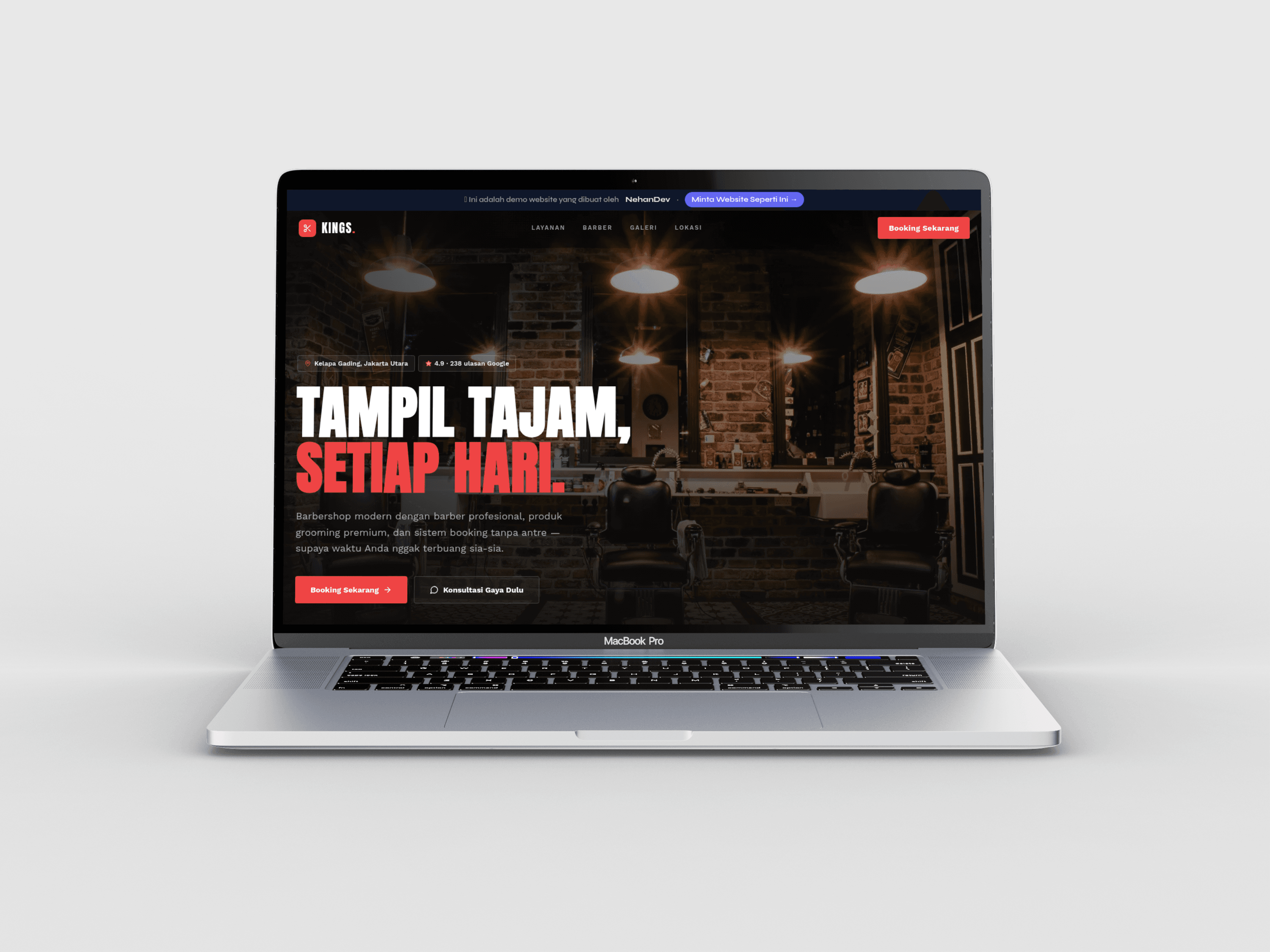 Tampilan website demo Kings Barbershop